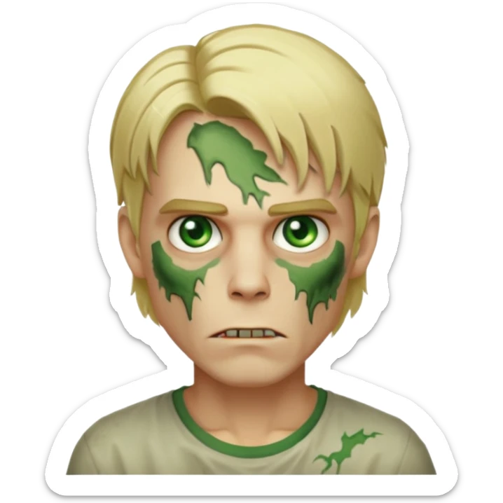 handsome male zombie with blonde mid-length hair and green eyes, facing forward, iOS-style emoji sticker