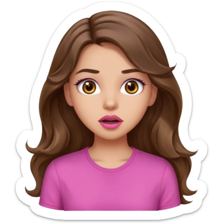 girl with long wavy brown hair, brown eyes, light to medium complexion, in a pink shirt, pink lips, long lashes, surprised, wow sticker
