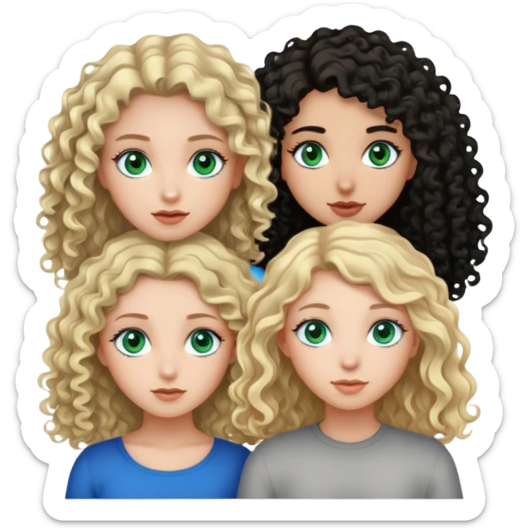 three girl, the oneom the left  blonde with blue eyes, the one that is in the middle that have curly brown hair and grey eyes e the one on the right with straight black hair and green ehes sticker