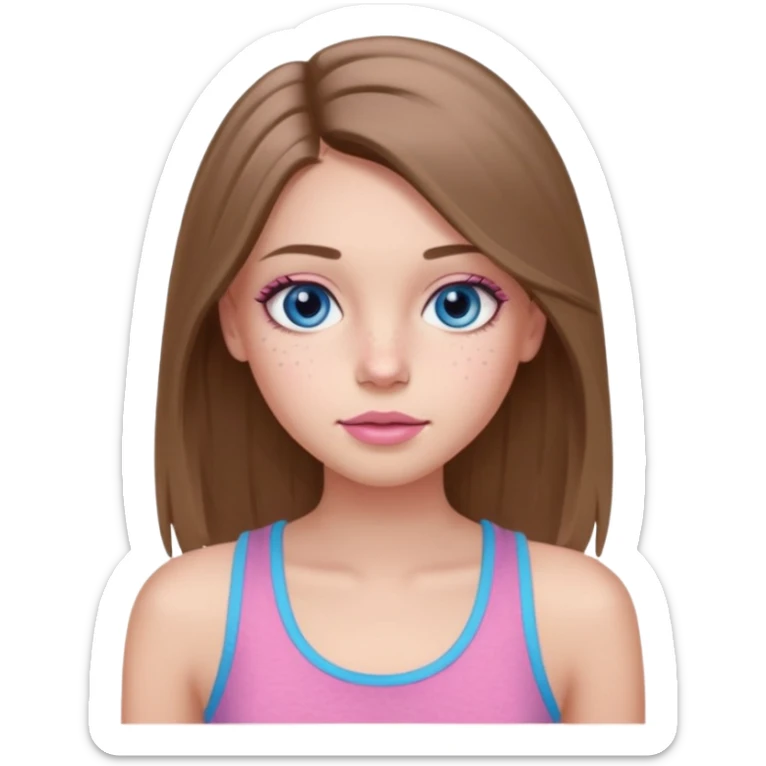 Create a TEENAGE girl with LONG and straight light brunette hair with a middle part, light skin, light freckles, and blue-gray eyes. She will have pink lips and LONG eyelashes. She will be wearing a light pink tank top sticker