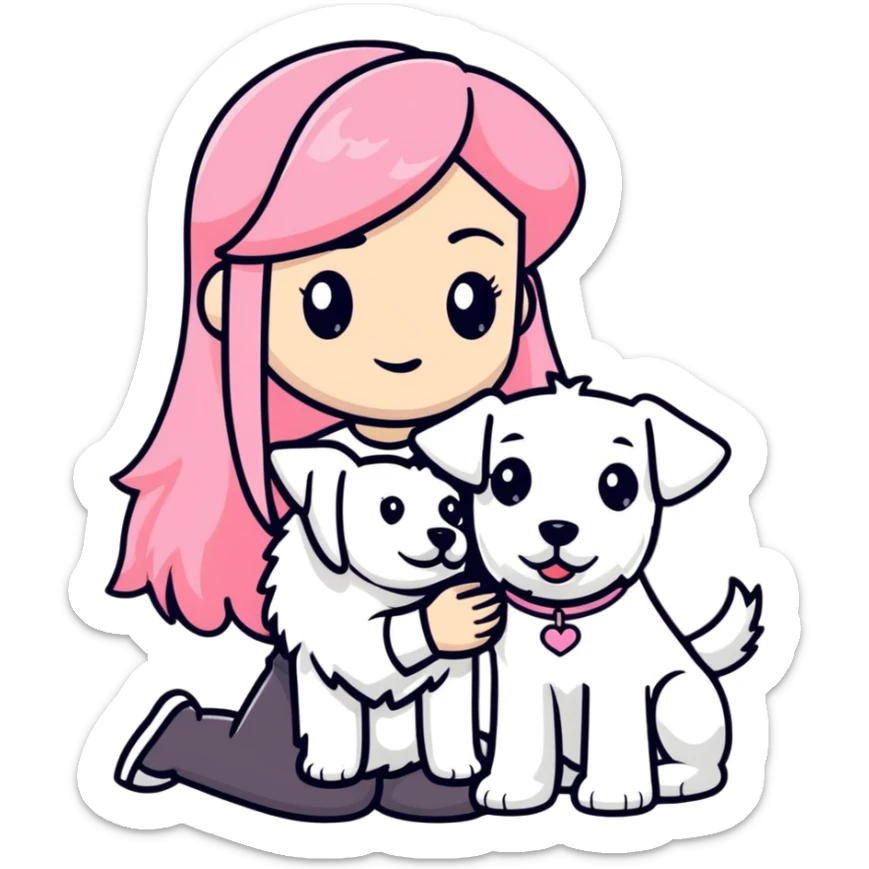 Girl with long flowing pink hair holding a white schnauzer dog sticker