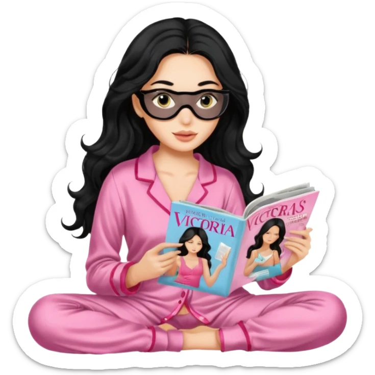 Capelli lunghi e mossi neri indossa pigiama di Victoria's Secret legge Magazine fashion ,ha la pelle chiara e nel mentre indossa una maschera in tessuto Skin Care sticker