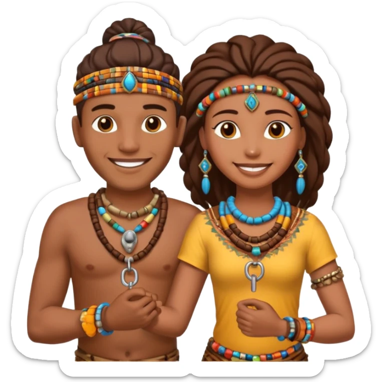 A happy tribal man holding hands with a happy tribal woman wearing a lock sticker
