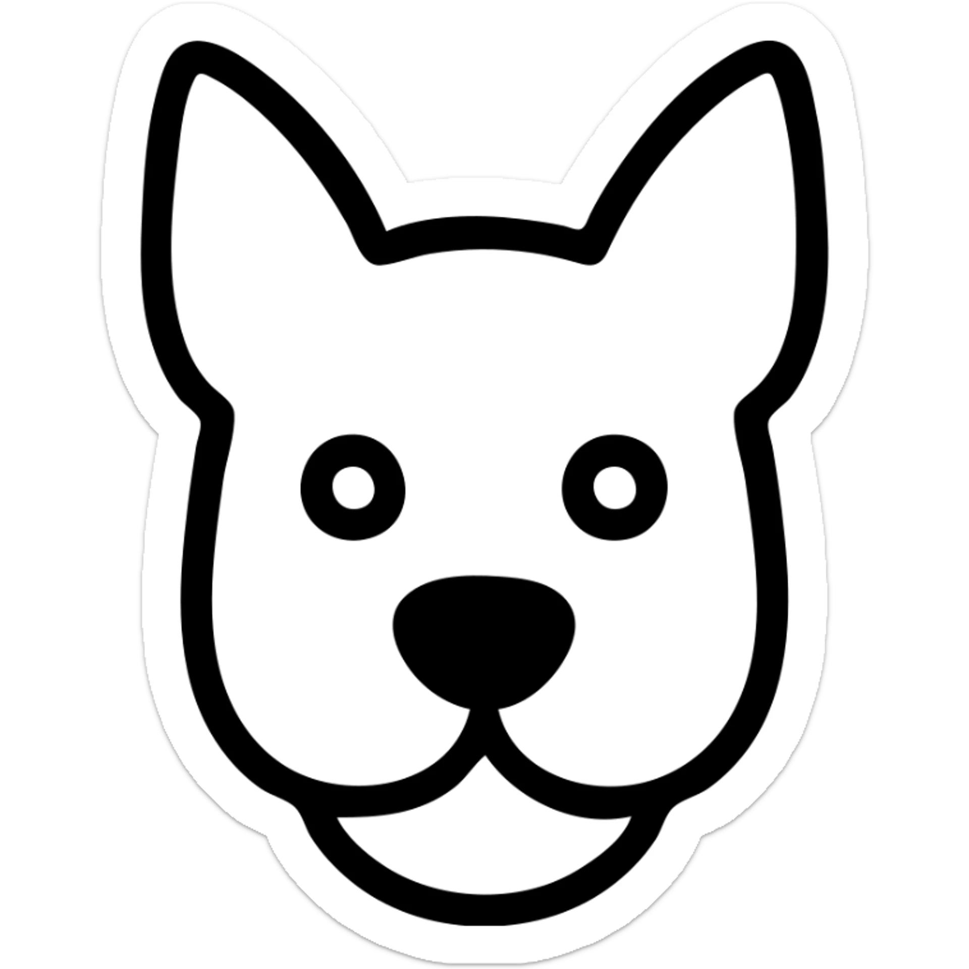 black and white outline of a dog's head with pointed ears, round snout, big round eyes, cartoon style, clean and simple lines, minimalist and cute look sticker