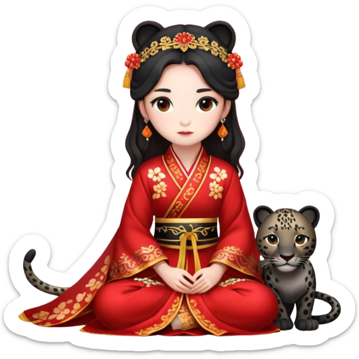 A beautiful girl in red Hanfu wedding dress sits on the ground holding a black leopard sticker