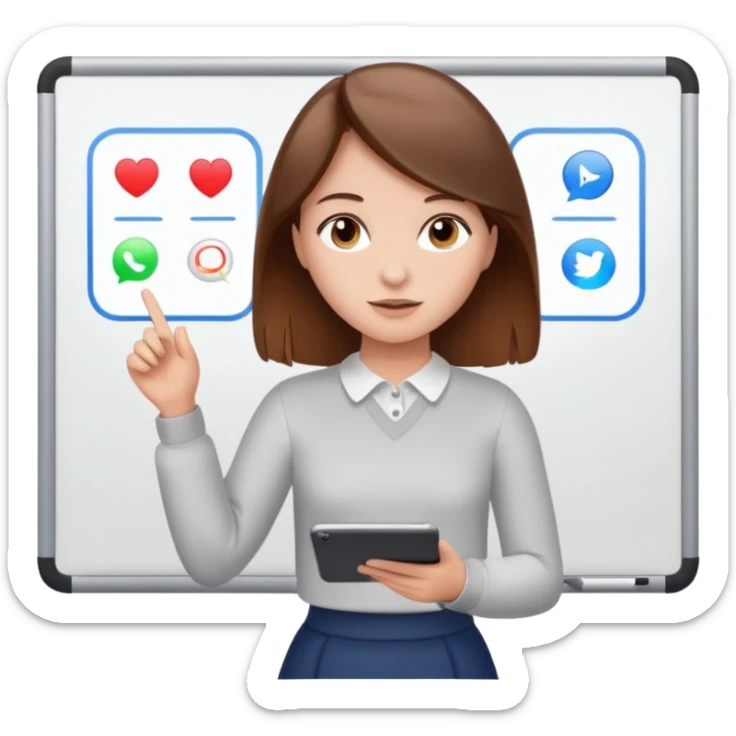 Make an emoji of a girl (no glasses) with brown hair who is teaching how to use iMessage on a board sticker