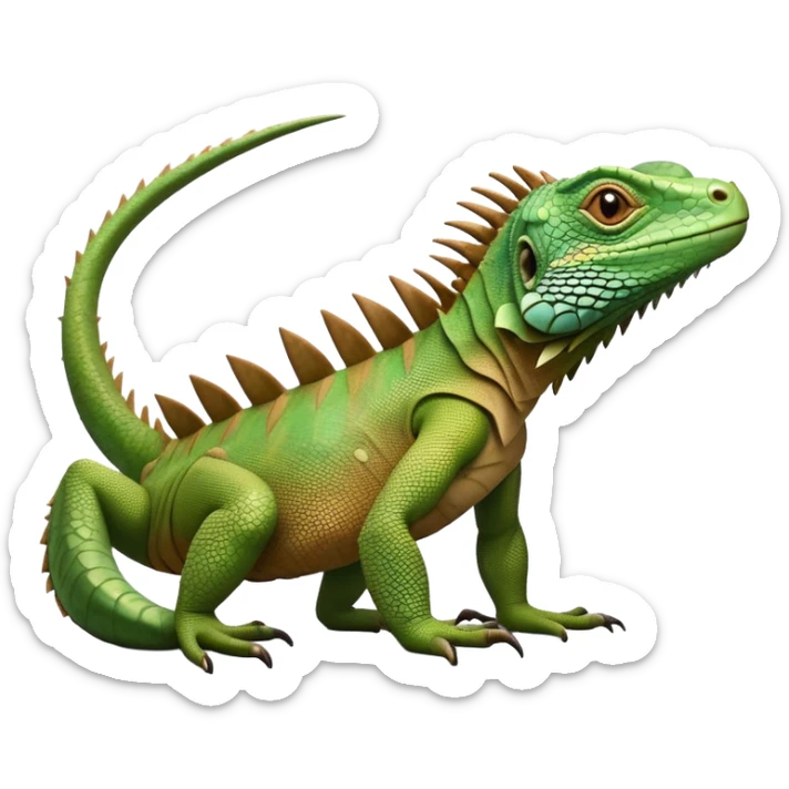 cinematic-iguana-realistic-full-body-basking-emoji,-long-scaly-body-stretched-out,-spiny-ridge-running-down-its-back,-textured-green-and-brown-skin-dappled-with-light,-sharp-intelligent-eyes-studying-the-surroundings sticker