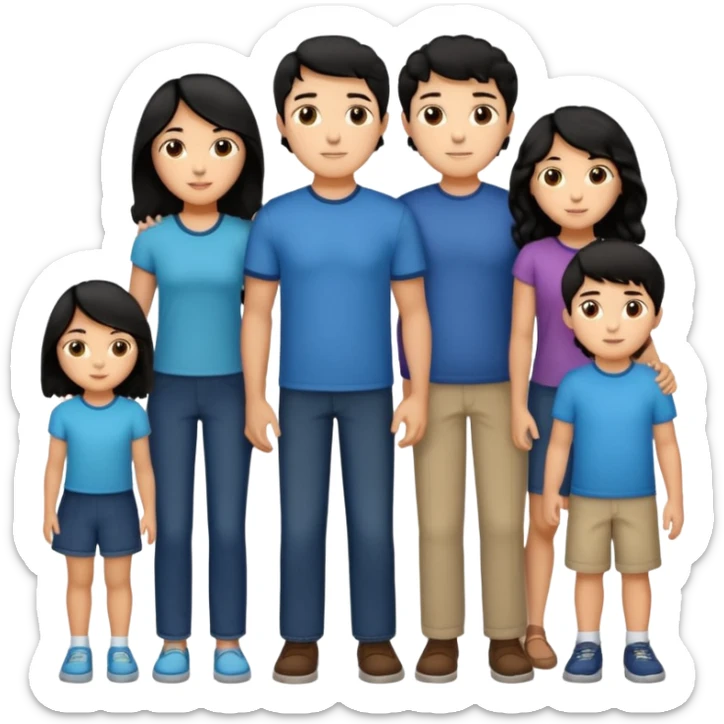 Hispanic family of five standing together: mom with long straight hair, dad with short curly hair, two boys with matching short hair, and a girl with long straight hair sticker