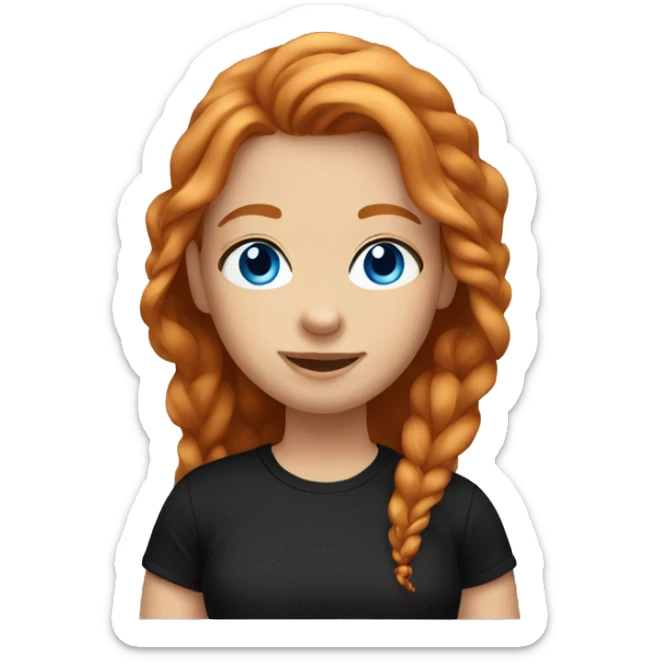 Girl emoji with long ginger hair, blue eyes, smile, black tshirt, cute baddie style sticker
