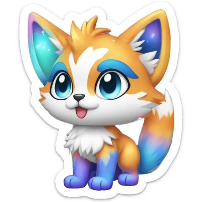 a colorful shiny sparkle-furry fur-sona kemono-style-chibi-style cat-fox-Fakémon-hybrid full body sticker