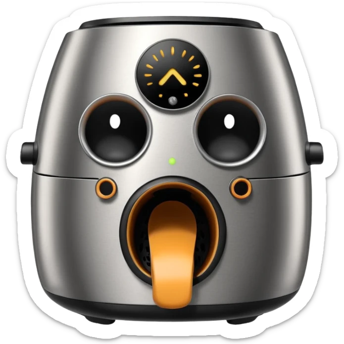 An air fryer with the knobs and handles made to look it's eyes, nose and mouth, hysterically crying with laughter sticker