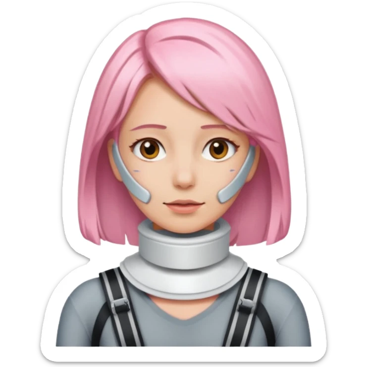 Woman with light pink shoulder length hair and neck brace sticker