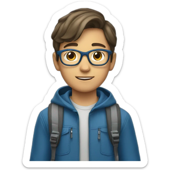 a 12-year-old boy with brown hair and gray eyes wearing glasses in a blue jacket with a backpack on his back sticker