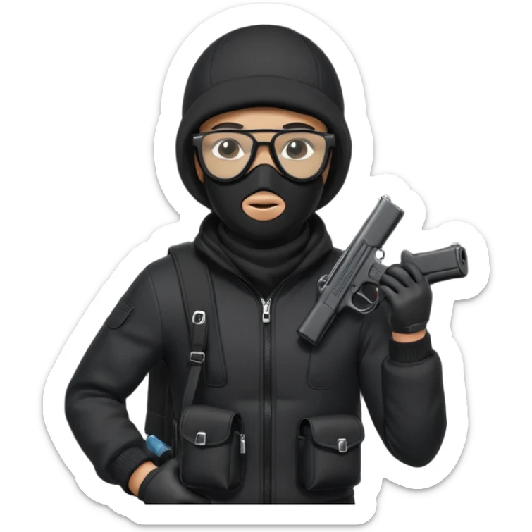 YN wearing a ski mask, holding a gun, all black fit, black jeans, Sprayground bookbag, confident stance with glasses sticker