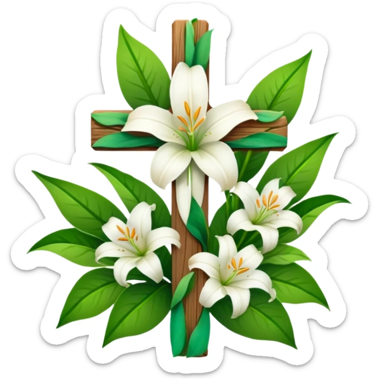 A wooden cross with white lilies around the bottom.. No lilies on the centre of the cross.  sticker
