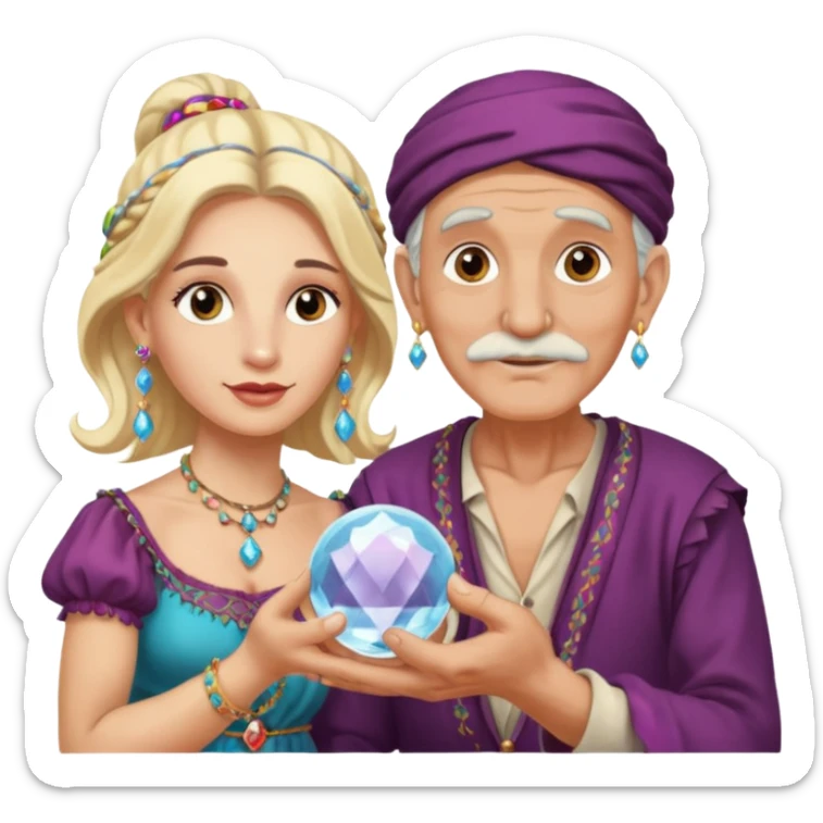 Elderly cleanshaven male gypsy with earrings and blonde female gypsy holding a crystal ball sticker