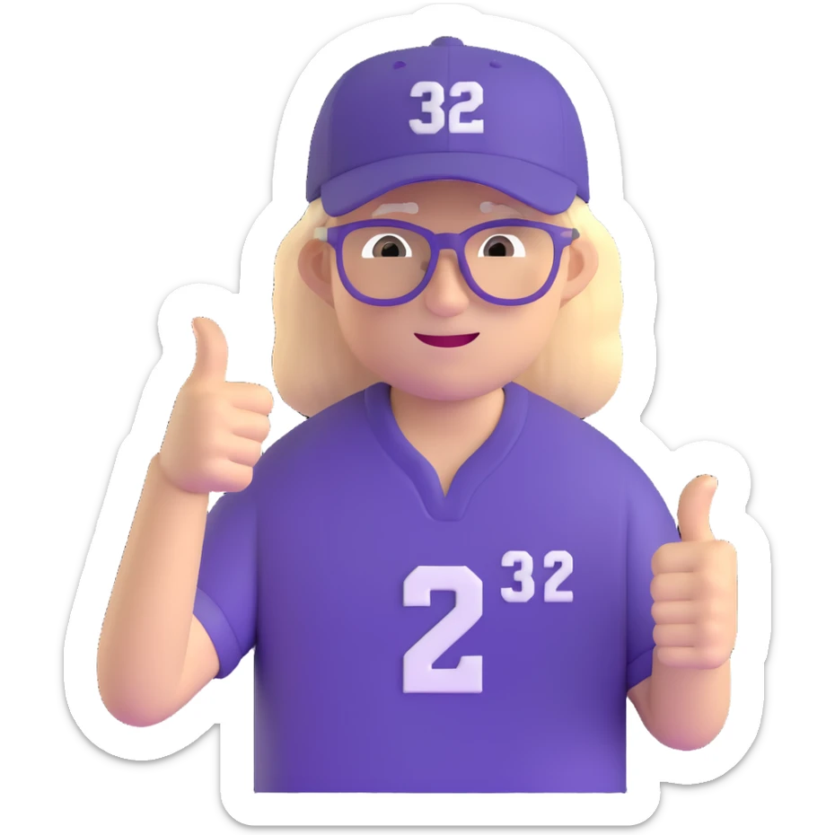 Man with black and white cap, purple sports jersey with number 32, clear glasses, light blond mullet hairstyle, thumbs up sticker