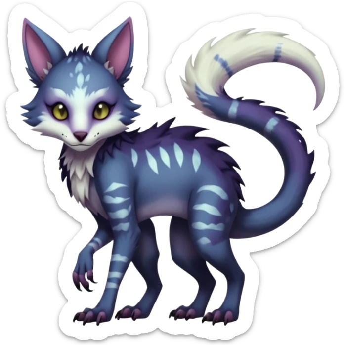 Kawaii dark cute gloomy ghoulish edgy fantasy ethereal feline-vernid-sergal-possum-monster-fursona animal creature full body with intricate markings  sticker