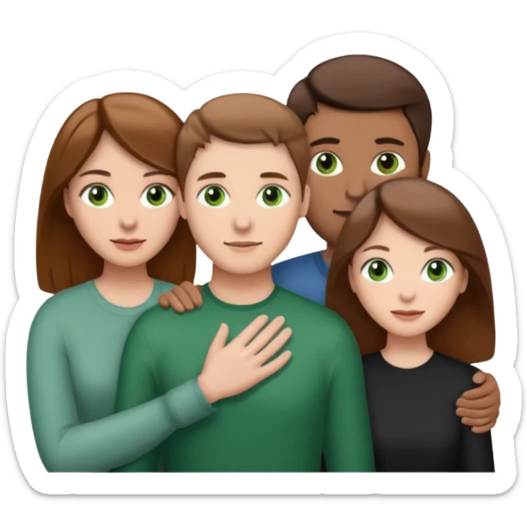 3 people. Throuple. Blank woman with light brown hair and green eye color on left. And also a blank man with brown hair and grey eye color in the middle. And a blank woman with brown hair and grey eye color on the right. Holding each other sticker