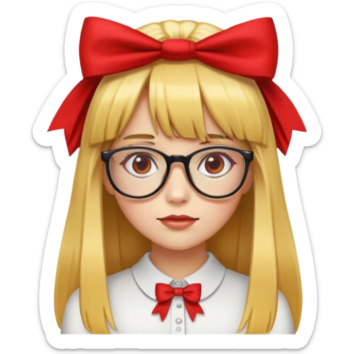yellow skin girl with long straight hair, bangs, red bow on hair, wearing glasses sticker