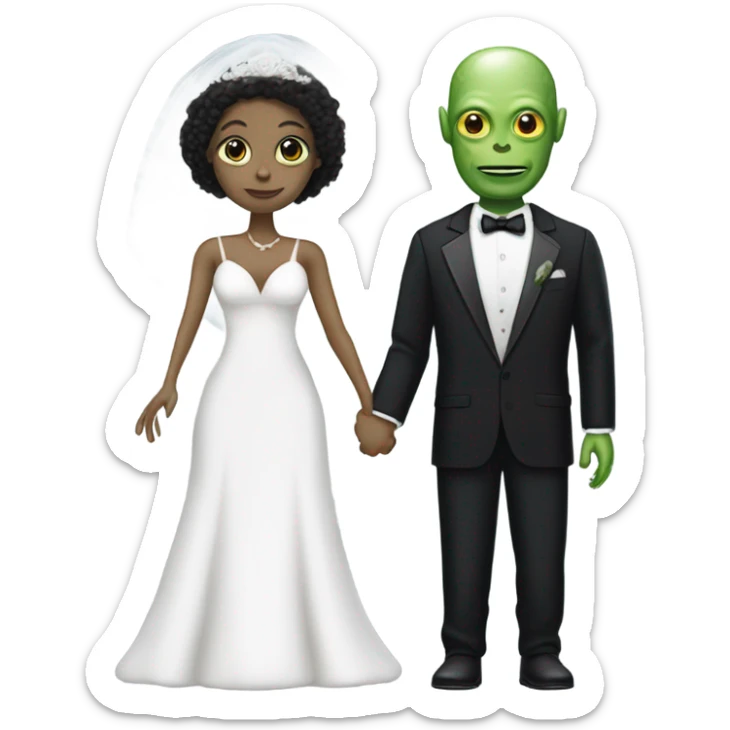 White humman man in a tuxedo holding, Alien reprilian woman in wedding dress, and one , hands getting married sticker
