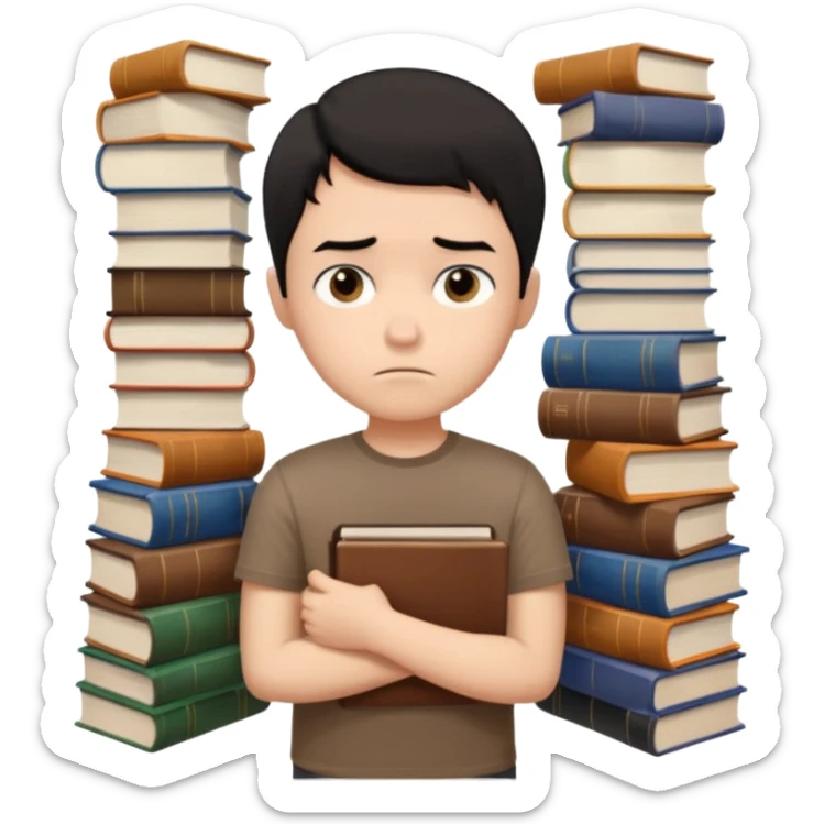 generate a pretty bratz fair skinned boy with short black hair wearing a brown tshirt surrounded by books n looking very sad sticker