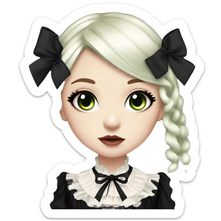 pale woman with long black hair and, pale lips and eyeshadow, long eyelashes, green eyes, black Lolita dress with laces and ribbons, gothic Lolita doll look sticker