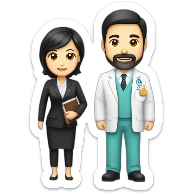 husband middle-aged dark hair trimmed beard wearing dark business suit holding bible, wife asian middle-aged black long hair wearing nurse uniform, no children sticker