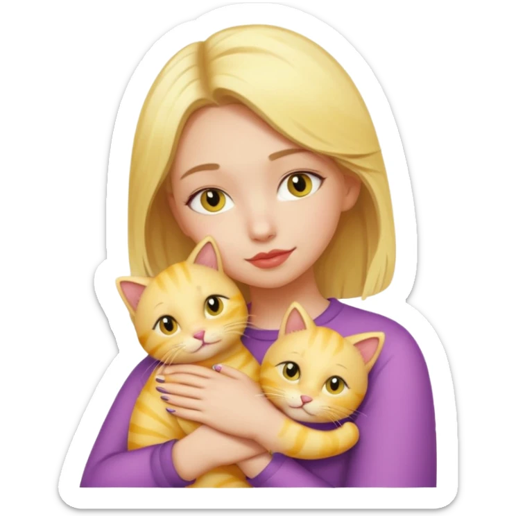 Sarışın elinde kedi olan ve hafif ruj ve rimel sürmüş sarı kedisine sarılan bir kız sticker