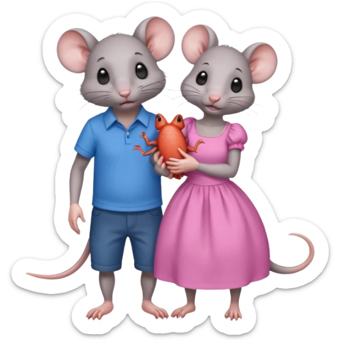 A male rat wearing blue and carrying in his arms a female rat wearing pink with small crabs on the floor around them sticker