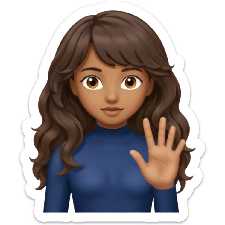 Uzun kahverengi dalgalı saçlı kahverengi gözlü esmer perçemli üzerinde lacivert parmak detaylı body olan bir kız yap sticker