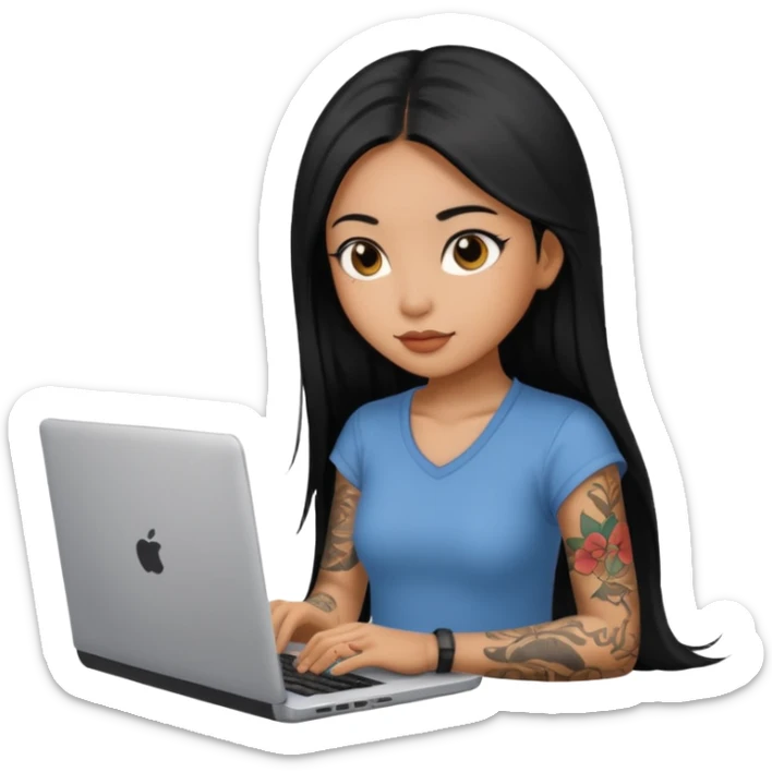 beautiful brown girl, with tattoo, with the long black hair, straight hair, chinese, with laptop sticker