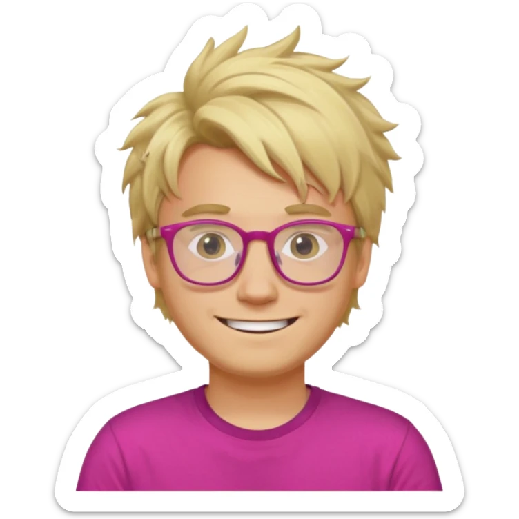 A blond guy with messy hair is smiling. He wear glasses and a fushia T-shirt sticker