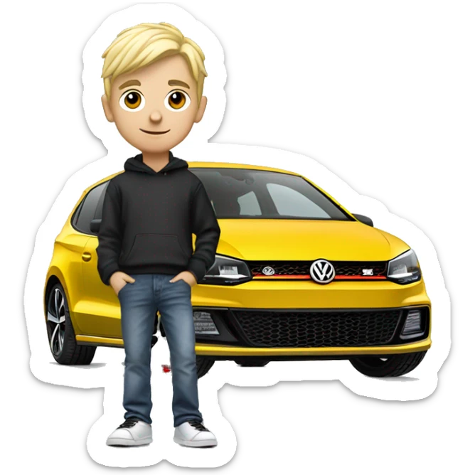 Blonde boy standing with Volkswagen polo GTI with gold alloys sticker