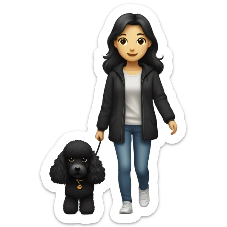 One Korean girl with black long straight hair with one medium black poodle is walking. sticker