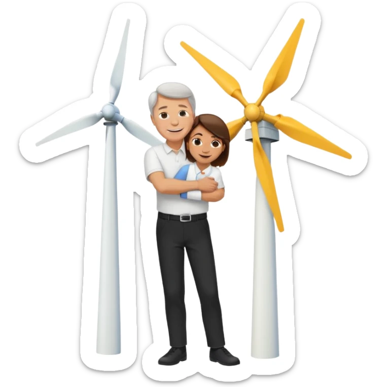 an older white man with brown hair and a white shirt and black pants hugging a wind turbine sticker