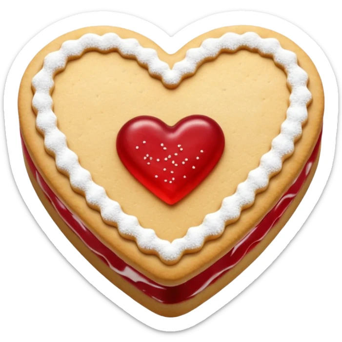 Realistic shortbread cookie in the shape of a heart with red jelly middle filling and sprinkled powder sugar on top. sticker