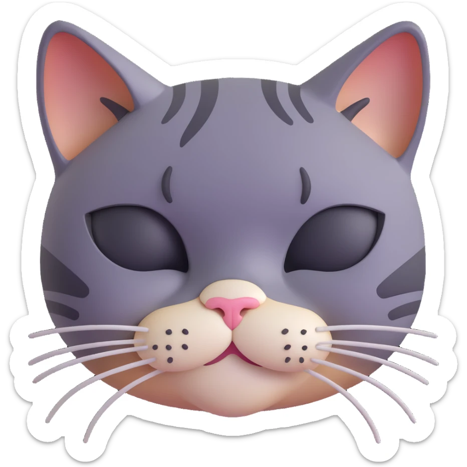 close-up of a tired cat face, eyes half closed, visible eye bags, small frown, sleepy and worn-out expression, glossy 3D effect, soft lighting, smooth gradients, high detail sticker