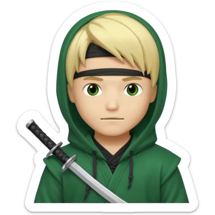 Green ninja Lloyd garmadon blonde hair, kaptur hoody on his head but blonde grzywka visible; the bottom left one is best (the one without miecze + black band + no mask of face) but add miecz; I want no band on head ; I don’t want any band on forehead sticker