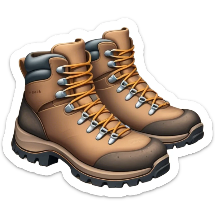 Cinematic Realistic Hiking Boots, well-worn leather boots resting on a rocky trail, scuffed edges and dirt-speckled laces adding character, glowing softly under the dappled sunlight filtering through the trees. sticker