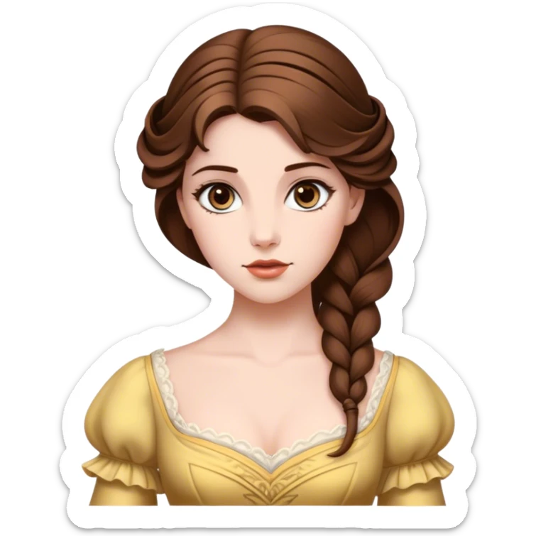 Cinematic Realistic Belle Portrait, depicted with lifelike skin texture, soft natural lighting, and intricately detailed brown hair styled elegantly. Her deep, expressive eyes exude warmth and intelligence, complemented by a serene and graceful expression. She is dressed in her classic attire, with rich fabric textures and delicate folds that catch the light beautifully. The portrait features a soft, enchanting glow with a natural, radiant finish, capturing the essence of timeless beauty in a realistic and painterly style, evoking a sense of depth and authenticity. sticker