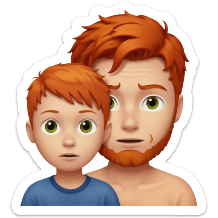 A weird red head ginger with baby oil looking at a little boy sticker