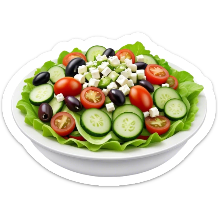 Cinematic Realistic Greek Salad Dish Emoji, depicted with crisp lettuce, tomatoes, cucumbers, olives, and feta cheese rendered with vibrant textures and fresh, natural lighting. sticker