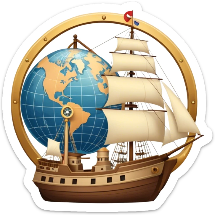 Icon for Historical Movies: Age of Great Geographical Discoveries. A vintage movie poster-style design with a sailing ship, a compass, and a globe. Include explorers with maps, sea waves, and distant lands in the background. Retro cinematic style. Transparent background. sticker