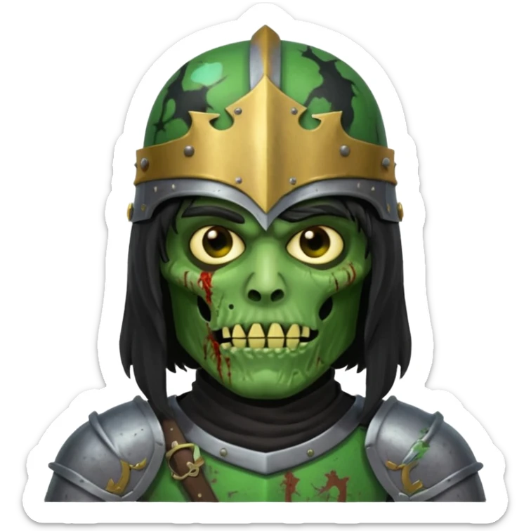 a male with long black rough hair wearing a knight helmet with green zombie skin sticker