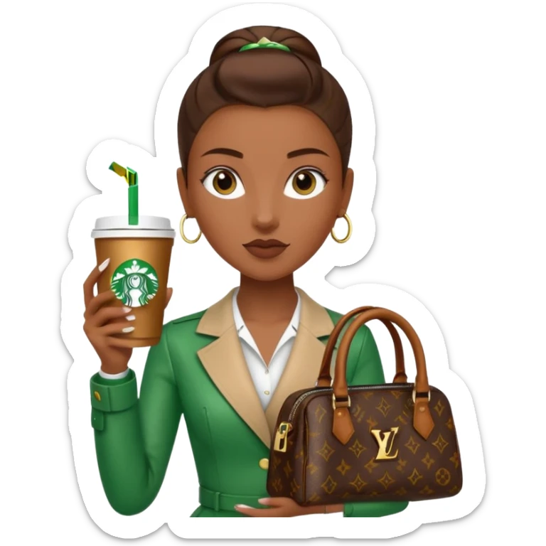 A girl with brown skin and a slick back hair and a luois vittion purse and Starbucks in hand sticker