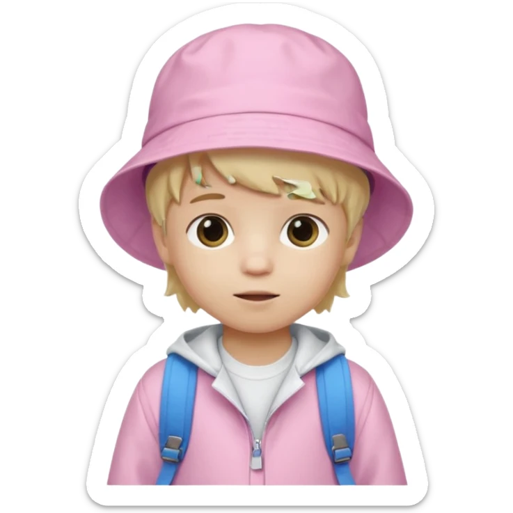 A little boy student white skin, blonde hair, with pink bucket hat, white jacket, blue backpack sticker