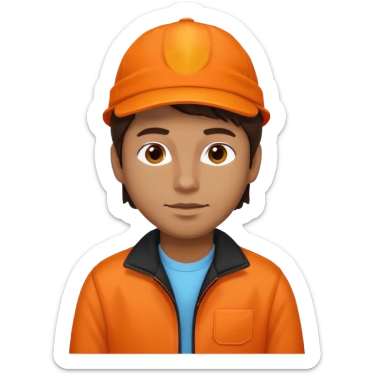 Kindly Keyin (male) with dark brown hair, orange cap and shirt, black jacket sticker