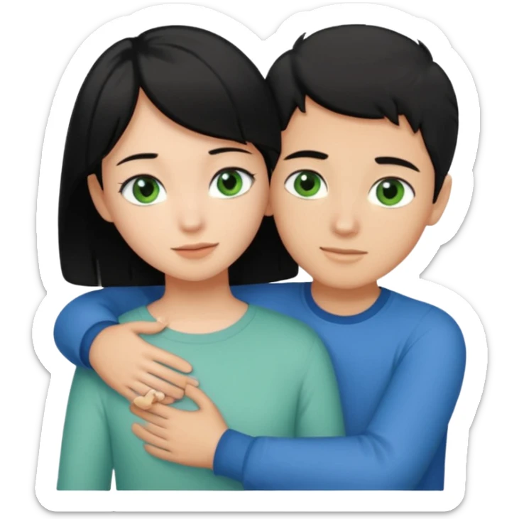 Make a couple hugging the girl is white with black hair with blue eyes hugging a boy with lightbrwn short hair with green eyes  sticker