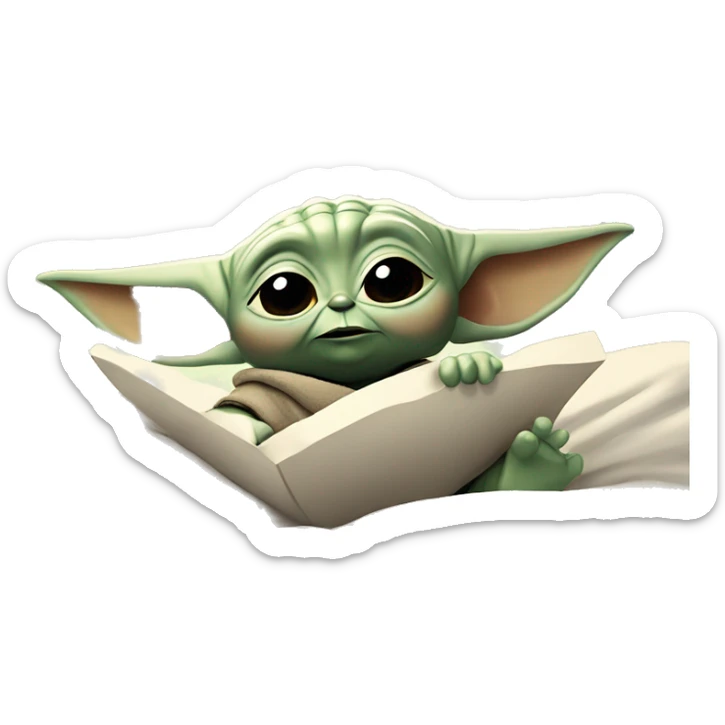 baby yoda is slipping in bed. Around him are flying letters ZZZZ sticker